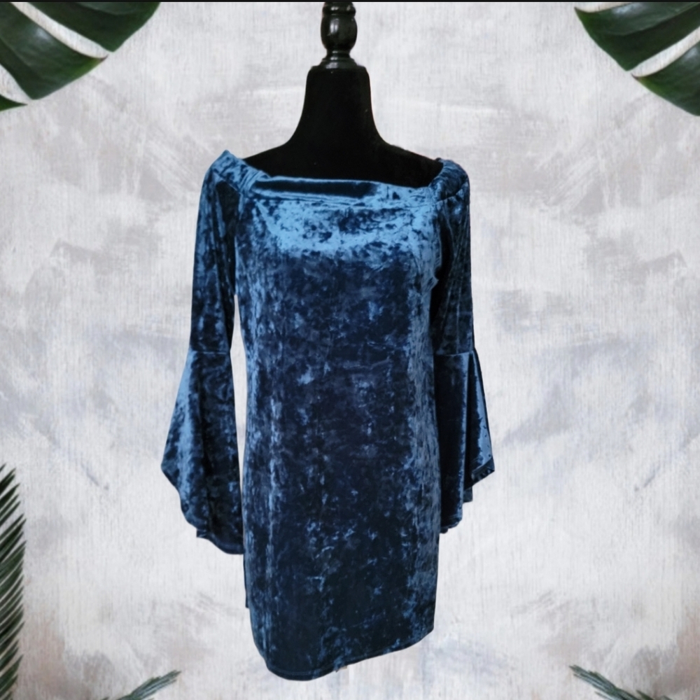 True Destiny Crushed Velvet Like Off Shoulder Flare Sleeve Dress